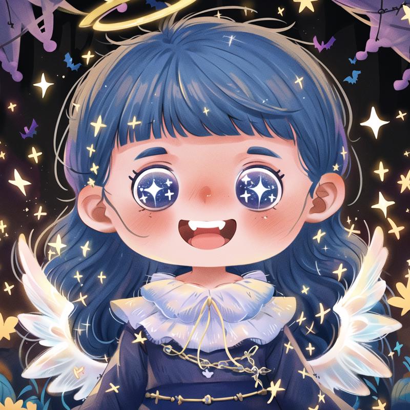 03439-2315344790-_lora_lbtx-013_0.7_,lbtx,1girl,solo,halloween,blue hair,smile,bangs,open mouth,blue eyes,long hair,wings,halo,blunt bangs,teeth,.png